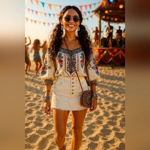 New Free People Boho High-Rise 28 Mini Off White Distressed Frayed Hem Skirt New